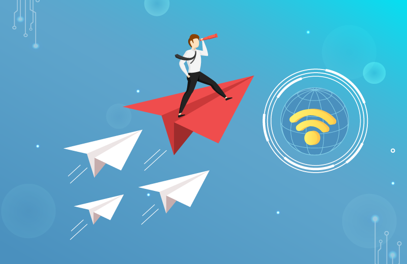 A imagem ilustra uma pessoa voando em cima de ``aviões de papel´´ nas cores branca e vermelha